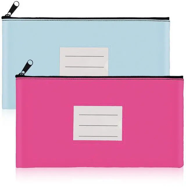Main image of 2-Pack Bank Deposit Money Bags with Zipper, 11 x 6 Inches, PU Leather Cash Pouches with Label, for Coins, Cosmetics, Bills, Tools, Hot Pink & Light Blue