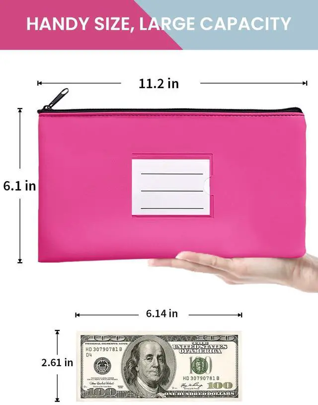 Alt view image 2 of 7 - 2-Pack Bank Deposit Money Bags with Zipper, 11 x 6 Inches, PU Leather Cash Pouches with Label, for Coins, Cosmetics, Bills, Tools, Hot Pink & Light Blue