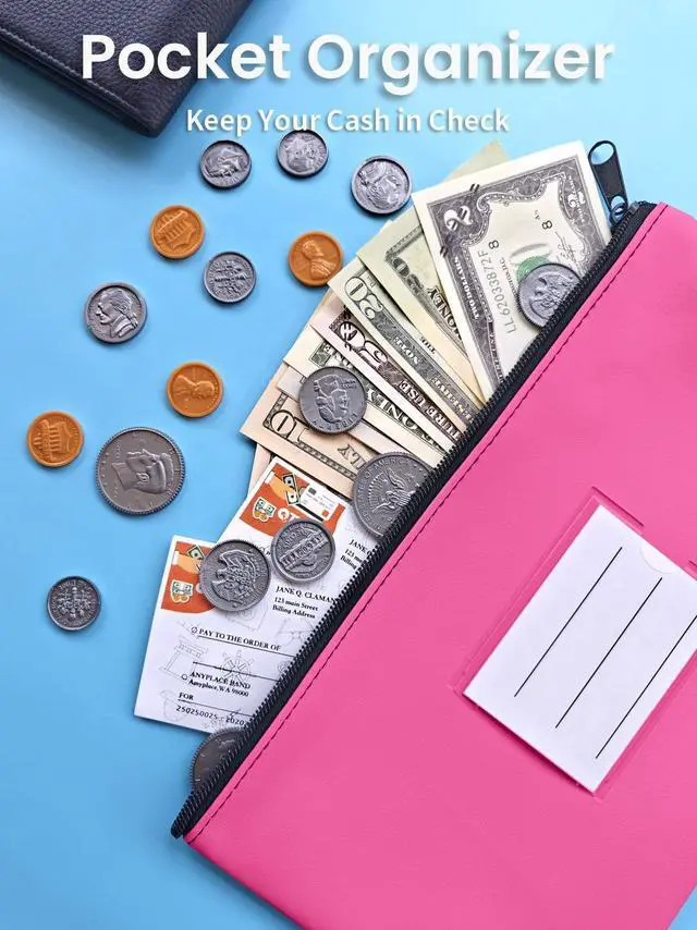 Alt view image 4 of 7 - 2-Pack Bank Deposit Money Bags with Zipper, 11 x 6 Inches, PU Leather Cash Pouches with Label, for Coins, Cosmetics, Bills, Tools, Hot Pink & Light Blue