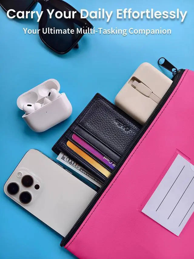 Alt view image 7 of 7 - 2-Pack Bank Deposit Money Bags with Zipper, 11 x 6 Inches, PU Leather Cash Pouches with Label, for Coins, Cosmetics, Bills, Tools, Hot Pink & Light Blue