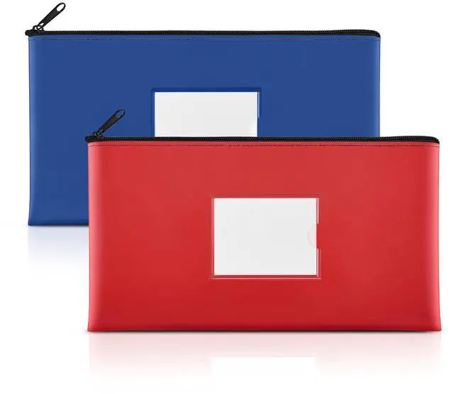 Main image of 2-Pack Bank Deposit Money Bags with Zipper, 11.5 x 6.2 Inches | Waterproof PU Leather, Cash Coin Pouches with DIY Label, for Invoices, Bills, Tools, Receipts, Cosmetics, Navy Blue & Red