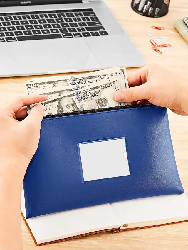 Alt view image 3 of 7 - 2-Pack Bank Deposit Money Bags with Zipper, 11.5 x 6.2 Inches | Waterproof PU Leather, Cash Coin Pouches with DIY Label, for Invoices, Bills, Tools, Receipts, Cosmetics, Navy Blue & Red