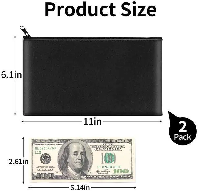 Alt view image 2 of 7 - 2 Pack Money Bags with Zipper, 11x6.1 Inch Cash Pouch Bag | Black PU Leather Secure Bank Bag for Coins, Bills, Checks, Invoices, Cosmetics, Tools