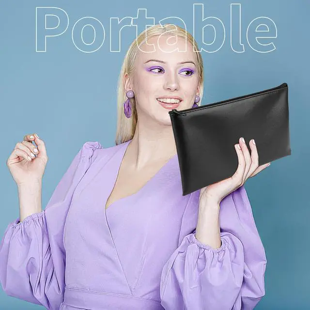 Alt view image 4 of 7 - 2 Pack Money Bags with Zipper, 11x6.1 Inch Cash Pouch Bag | Black PU Leather Secure Bank Bag for Coins, Bills, Checks, Invoices, Cosmetics, Tools