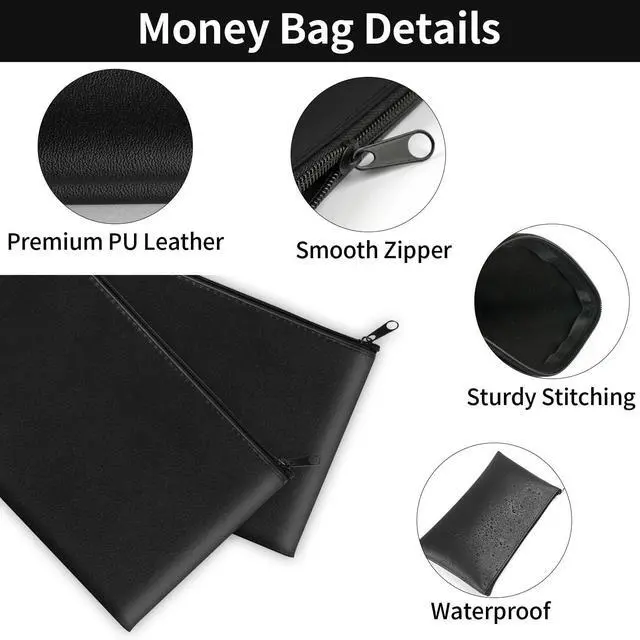 Alt view image 3 of 7 - 2 Pack Money Bags with Zipper, 11x6.1 Inch Cash Pouch Bag | Black PU Leather Secure Bank Bag for Coins, Bills, Checks, Invoices, Cosmetics, Tools
