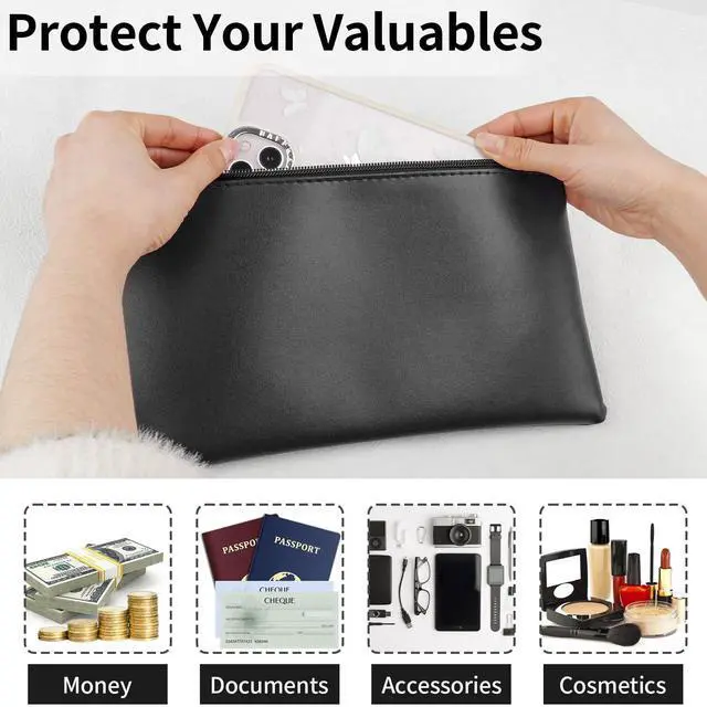 Alt view image 5 of 7 - 2 Pack Money Bags with Zipper, 11x6.1 Inch Cash Pouch Bag | Black PU Leather Secure Bank Bag for Coins, Bills, Checks, Invoices, Cosmetics, Tools