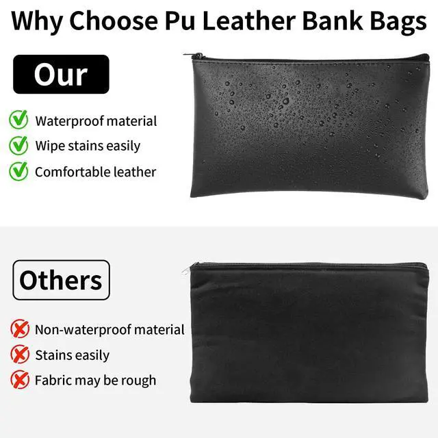 Alt view image 7 of 7 - 2 Pack Money Bags with Zipper, 11x6.1 Inch Cash Pouch Bag | Black PU Leather Secure Bank Bag for Coins, Bills, Checks, Invoices, Cosmetics, Tools