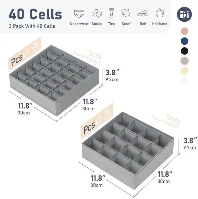 Alt view image 2 of 7 - Sock Organizer Drawer Organizer - Underwear Organizer, Collapsible Closet Organizers and Storage Sock Holders Organizers for Storing Socks, Ties, Belts 2 Pack(Gray)