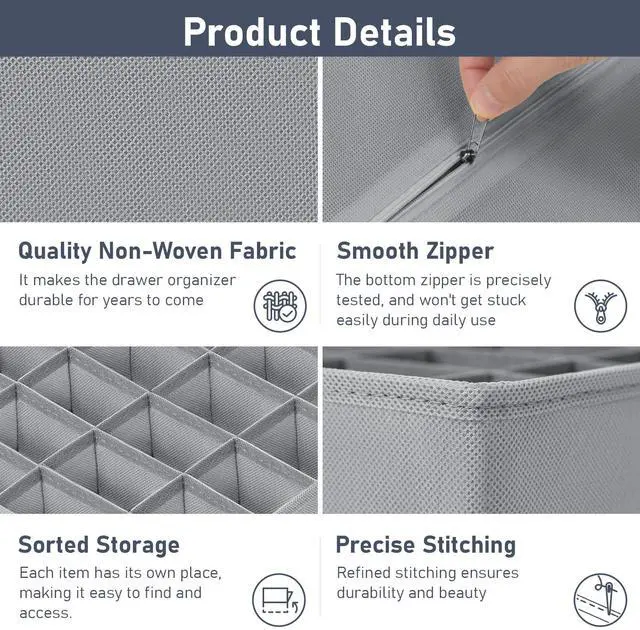 Alt view image 3 of 7 - Sock Organizer Drawer Organizer - Underwear Organizer, Collapsible Closet Organizers and Storage Sock Holders Organizers for Storing Socks, Ties, Belts 2 Pack(Gray)