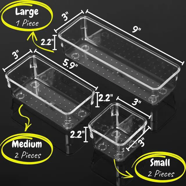 Alt view image 3 of 7 - Drawer Organizers Set, 5 pcs, Clear Plastic Drawers Organizer | Makeup Drawer Organizer, containers for Organizing, Desk Drawer Organizer, Vanity Organizer, Bathroom Drawer Organizers