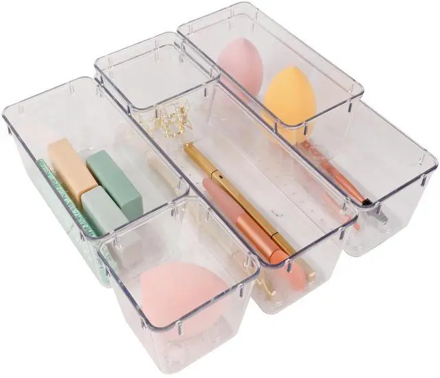 Main image of 6 Pack Clear Drawer Organizer Set,Office Bin Desk Storage,Desk Drawer Storage Tray,Vanity Organizer Containers