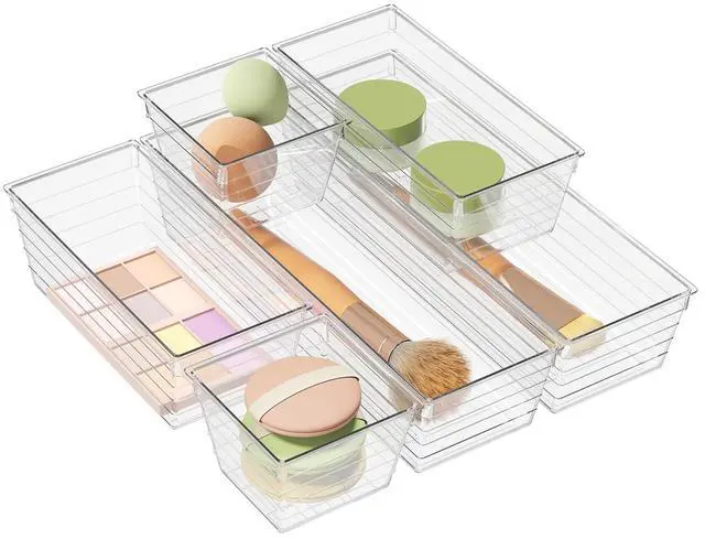 Main image of 6 Pack Clear Drawer Organizer, Multi-Size Storage Bins | Makeup, Cosmetics & Utensils | Drawer Tray set | Customizable Layout | Easy to Clean