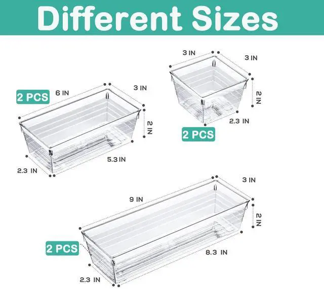 Alt view image 5 of 7 - 6 Pack Clear Drawer Organizer, Multi-Size Storage Bins | Makeup, Cosmetics & Utensils | Drawer Tray set | Customizable Layout | Easy to Clean