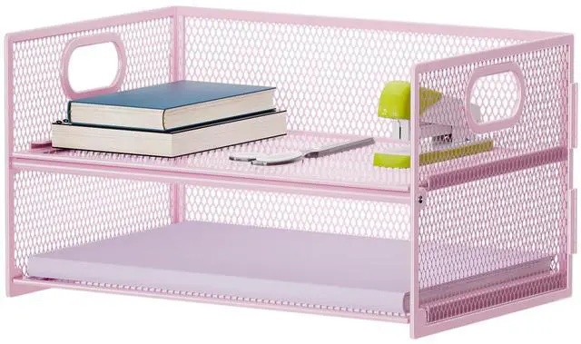 Main image of 2 Tier Paper Organizer Letter Tray, Mesh File Organizer with Handle, Paper Sorter Desk Organizer for Home Office Supplies - Pink