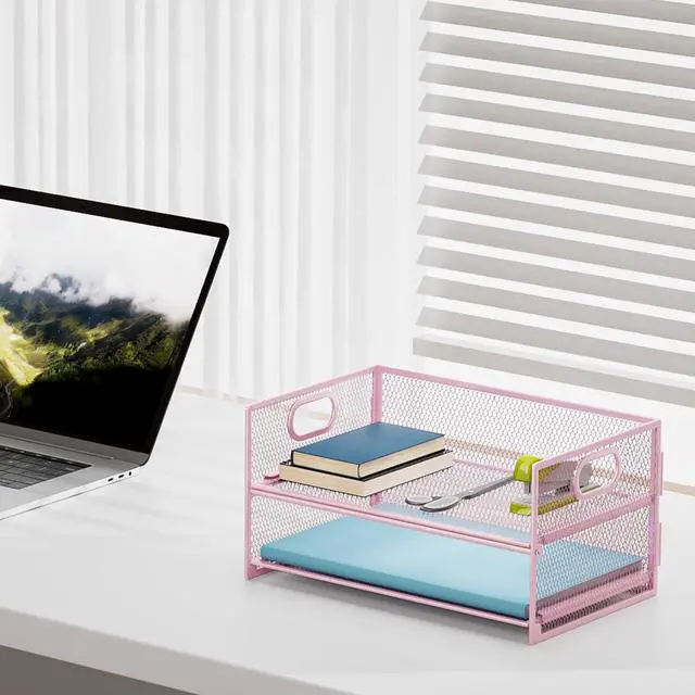 Alt view image 3 of 6 - 2 Tier Paper Organizer Letter Tray, Mesh File Organizer with Handle, Paper Sorter Desk Organizer for Home Office Supplies - Pink