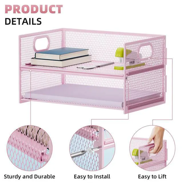 Alt view image 2 of 6 - 2 Tier Paper Organizer Letter Tray, Mesh File Organizer with Handle, Paper Sorter Desk Organizer for Home Office Supplies - Pink