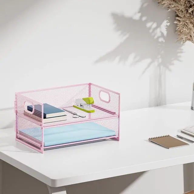 Alt view image 6 of 6 - 2 Tier Paper Organizer Letter Tray, Mesh File Organizer with Handle, Paper Sorter Desk Organizer for Home Office Supplies - Pink