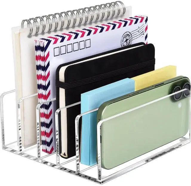 Main image of Acrylic Mail Holder, 5 Compartments Multifunction Desk Organizer | Clear Vertical Letter Sorter with Dividers, Modern Office & Home Storage for Bills, Documents & Folders