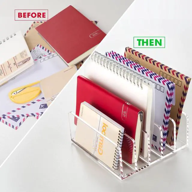 Alt view image 2 of 7 - Acrylic Mail Holder, 5 Compartments Multifunction Desk Organizer | Clear Vertical Letter Sorter with Dividers, Modern Office & Home Storage for Bills, Documents & Folders