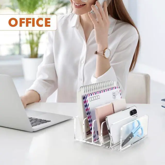 Alt view image 3 of 7 - Acrylic Mail Holder, 5 Compartments Multifunction Desk Organizer | Clear Vertical Letter Sorter with Dividers, Modern Office & Home Storage for Bills, Documents & Folders