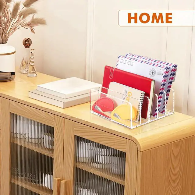 Alt view image 4 of 7 - Acrylic Mail Holder, 5 Compartments Multifunction Desk Organizer | Clear Vertical Letter Sorter with Dividers, Modern Office & Home Storage for Bills, Documents & Folders