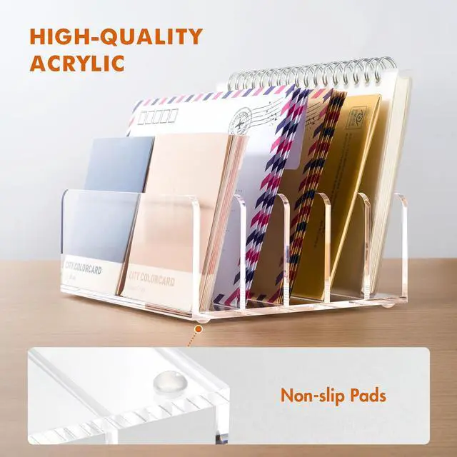 Alt view image 5 of 7 - Acrylic Mail Holder, 5 Compartments Multifunction Desk Organizer | Clear Vertical Letter Sorter with Dividers, Modern Office & Home Storage for Bills, Documents & Folders