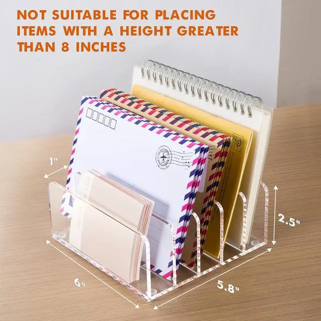 Alt view image 6 of 7 - Acrylic Mail Holder, 5 Compartments Multifunction Desk Organizer | Clear Vertical Letter Sorter with Dividers, Modern Office & Home Storage for Bills, Documents & Folders
