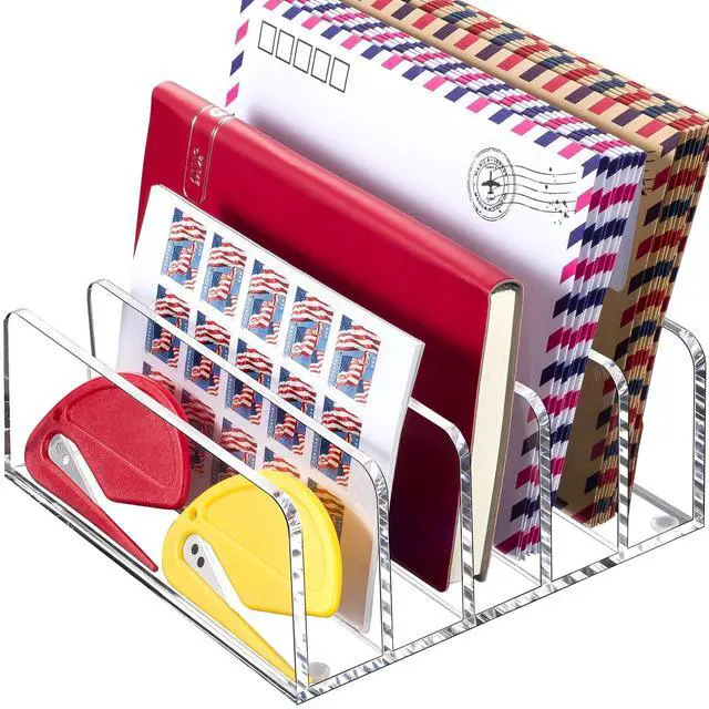 Alt view image 7 of 7 - Acrylic Mail Holder, 5 Compartments Multifunction Desk Organizer | Clear Vertical Letter Sorter with Dividers, Modern Office & Home Storage for Bills, Documents & Folders