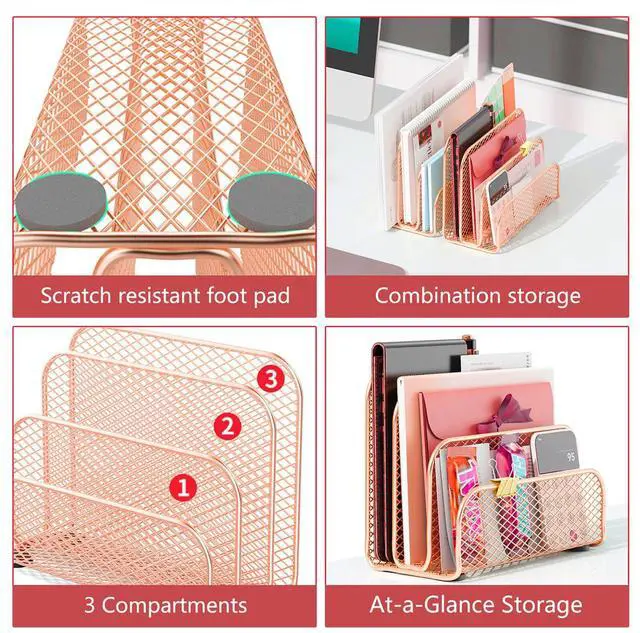 Alt view image 6 of 7 - Mail Organizer Countertop | Mail Sorter with 3-Slot Mail Holder Letter Holder for Desk Bill Organizer for Office Receipts and Letter Storage(Rose Gold)