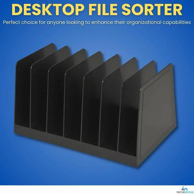 Alt view image 2 of 7 - Desktop File Organizer, File Sorter, File Holder for Desk, 7 Compartments, Vertical, Plastic, Black