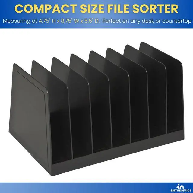 Alt view image 3 of 7 - Desktop File Organizer, File Sorter, File Holder for Desk, 7 Compartments, Vertical, Plastic, Black