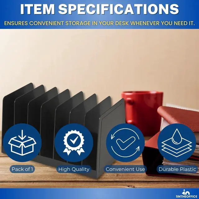 Alt view image 7 of 7 - Desktop File Organizer, File Sorter, File Holder for Desk, 7 Compartments, Vertical, Plastic, Black