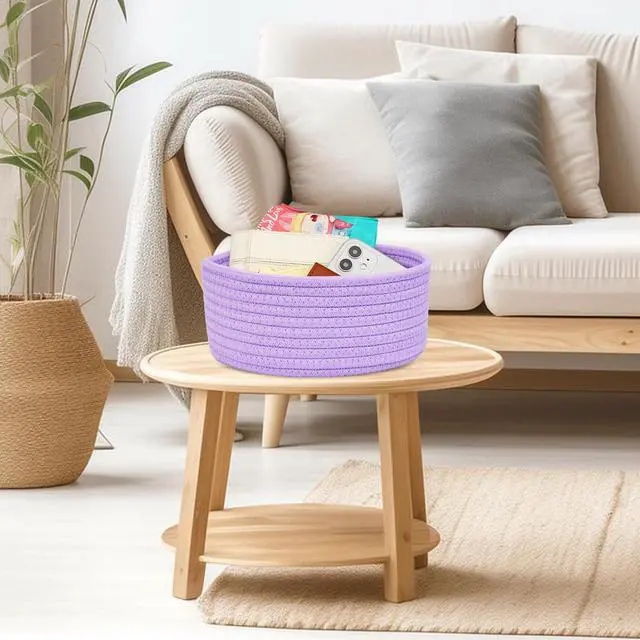 Alt view image 3 of 6 - Small Woven Basket, Empty Tiny Shallow Storage Basket, Mini Cotton Rope Baskets, Round Decorative Hamper, Basket Storage Bins for Toys, Spa, Socks, Nursery, Living Room