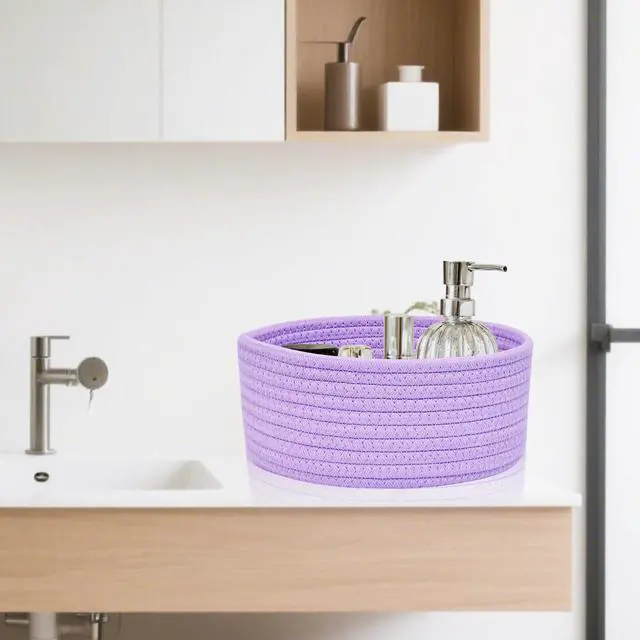 Alt view image 4 of 6 - Small Woven Basket, Empty Tiny Shallow Storage Basket, Mini Cotton Rope Baskets, Round Decorative Hamper, Basket Storage Bins for Toys, Spa, Socks, Nursery, Living Room