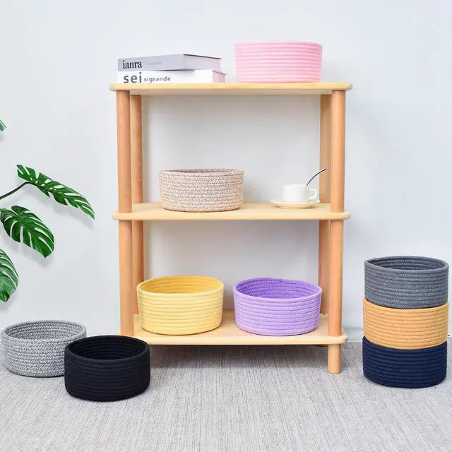 Alt view image 6 of 6 - Small Woven Basket, Empty Tiny Shallow Storage Basket, Mini Cotton Rope Baskets, Round Decorative Hamper, Basket Storage Bins for Toys, Spa, Socks, Nursery, Living Room