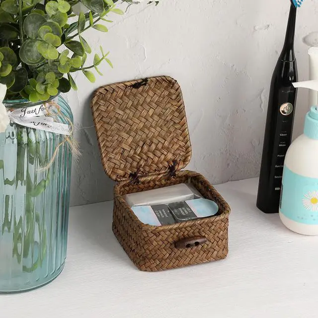 Alt view image 3 of 7 - Small Wicker Basket with Lid, Square Seagrass Organizer | Handwoven Compact Storage Box for Key, Jewelry, Decorative Box for Shelf, Home Decor, 3.5"L x 3.5"W x 2"H