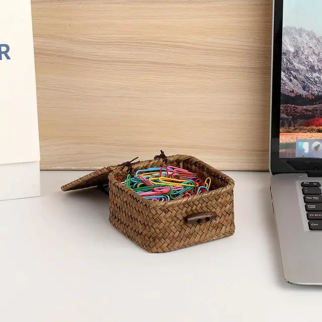 Alt view image 5 of 7 - Small Wicker Basket with Lid, Square Seagrass Organizer | Handwoven Compact Storage Box for Key, Jewelry, Decorative Box for Shelf, Home Decor, 3.5"L x 3.5"W x 2"H