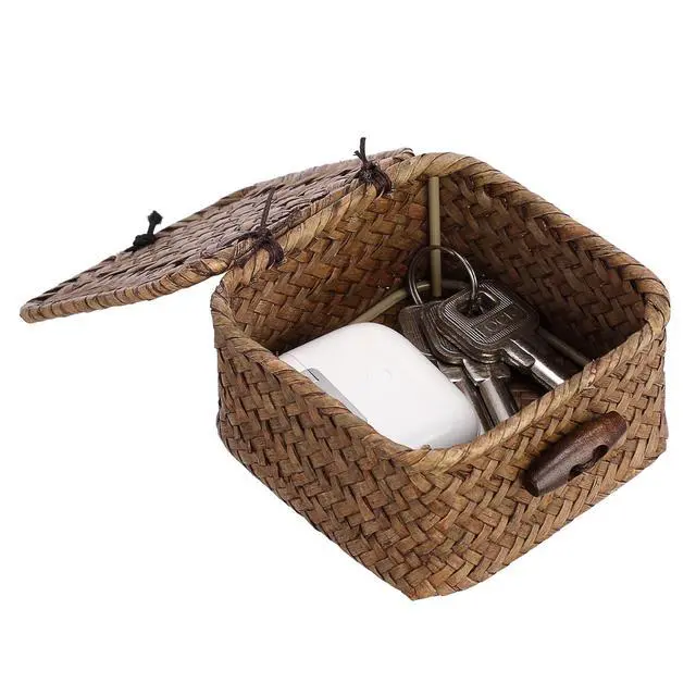Alt view image 7 of 7 - Small Wicker Basket with Lid, Square Seagrass Organizer | Handwoven Compact Storage Box for Key, Jewelry, Decorative Box for Shelf, Home Decor, 3.5"L x 3.5"W x 2"H