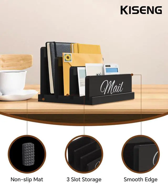 Alt view image 3 of 7 - Mail Organizer for Desk, Wooden Mail Holder with Divider, 3-Slot | Sorter File Holder & Vertical Bill Organizer for Desktop, Perfect for Documents/Notebook/Filing/Folders/Paper