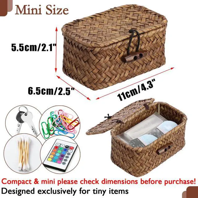 Alt view image 2 of 7 - Mini Wicker Basket with Lid, Seagrass Organizer, 4.3"x2.5"x2.1" | Small Wicker Storage Basket Natural Decorative Box for Shelf, Bathroom, Home Decor