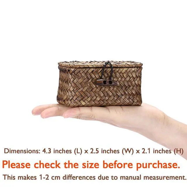 Alt view image 3 of 7 - Mini Wicker Basket with Lid, Seagrass Organizer, 4.3"x2.5"x2.1" | Small Wicker Storage Basket Natural Decorative Box for Shelf, Bathroom, Home Decor