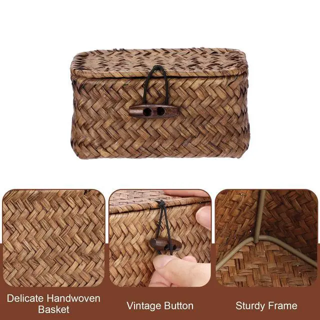 Alt view image 5 of 7 - Mini Wicker Basket with Lid, Seagrass Organizer, 4.3"x2.5"x2.1" | Small Wicker Storage Basket Natural Decorative Box for Shelf, Bathroom, Home Decor