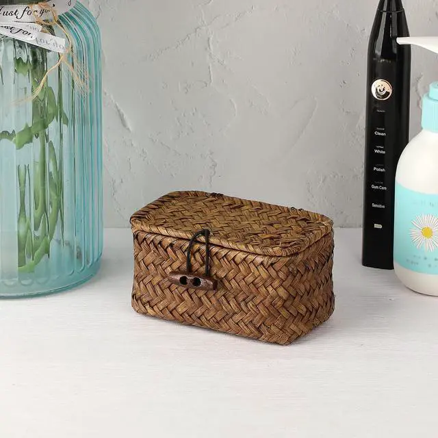 Alt view image 7 of 7 - Mini Wicker Basket with Lid, Seagrass Organizer, 4.3"x2.5"x2.1" | Small Wicker Storage Basket Natural Decorative Box for Shelf, Bathroom, Home Decor