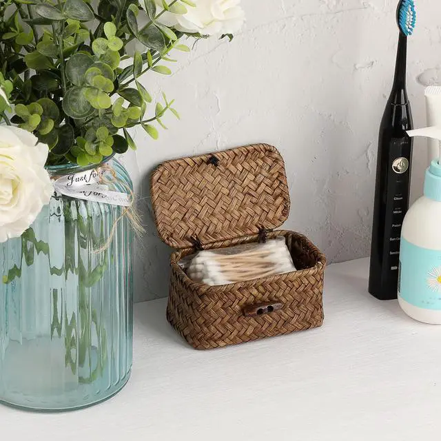 Alt view image 4 of 7 - Mini Wicker Basket with Lid, Seagrass Organizer, 4.3"x2.5"x2.1" | Small Wicker Storage Basket Natural Decorative Box for Shelf, Bathroom, Home Decor