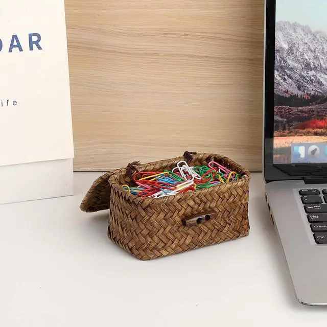 Alt view image 6 of 7 - Mini Wicker Basket with Lid, Seagrass Organizer, 4.3"x2.5"x2.1" | Small Wicker Storage Basket Natural Decorative Box for Shelf, Bathroom, Home Decor