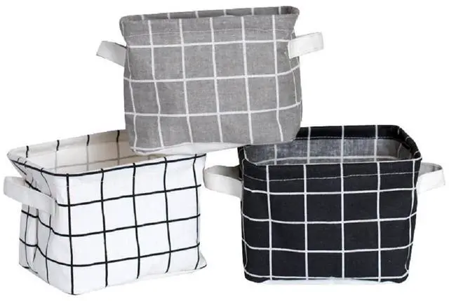Main image of Stylish Storage Basket Cotton and Linen Fabric Mini Storage Cubes Nursery Storage Baskets with Handles for Shelves & Desks (Set of 3)