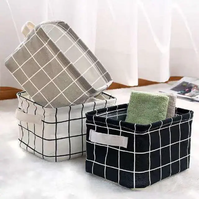 Alt view image 2 of 7 - Stylish Storage Basket Cotton and Linen Fabric Mini Storage Cubes Nursery Storage Baskets with Handles for Shelves & Desks (Set of 3)
