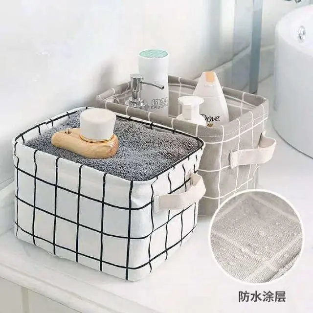 Alt view image 3 of 7 - Stylish Storage Basket Cotton and Linen Fabric Mini Storage Cubes Nursery Storage Baskets with Handles for Shelves & Desks (Set of 3)