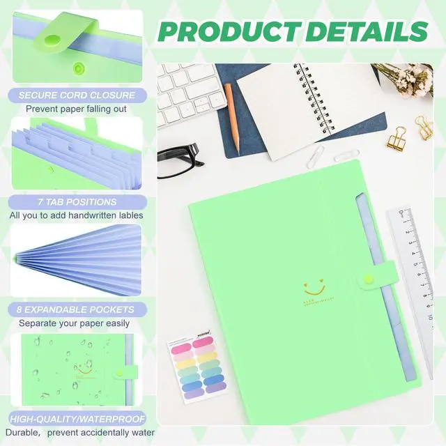 Alt view image 2 of 7 - Expanding File Folder, 8 Pockets Accordion File Organizer, A4 Letter Size Paper Document Receipt Organizer Accordian Filing Folder for Classroom, Home, Office and Travel(Grass Green)