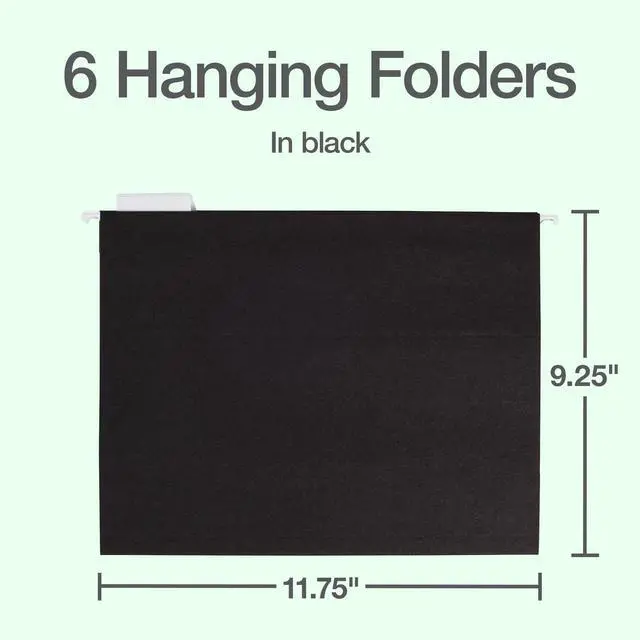 Alt view image 2 of 7 - Hanging File Folders, 6 Pack, Letter Size (8.5" x 11"), Black, 1/5 Cut for 5 Tab Positions, Includes Tabs and Inserts, Hanging Files for Office and Document Organization